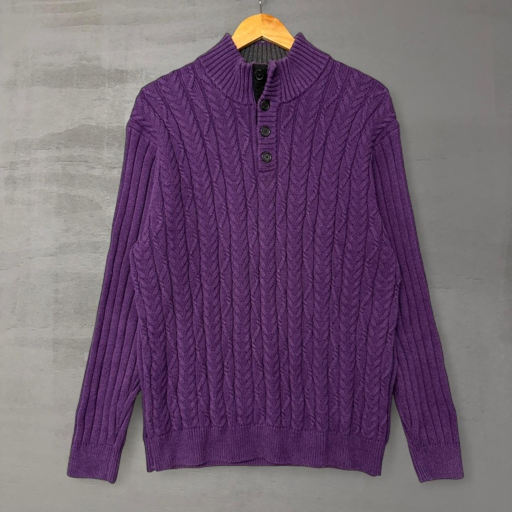 Jos. A. Bank Executive Collection Sweater Purple Cable Knit Button Mock Neck XL